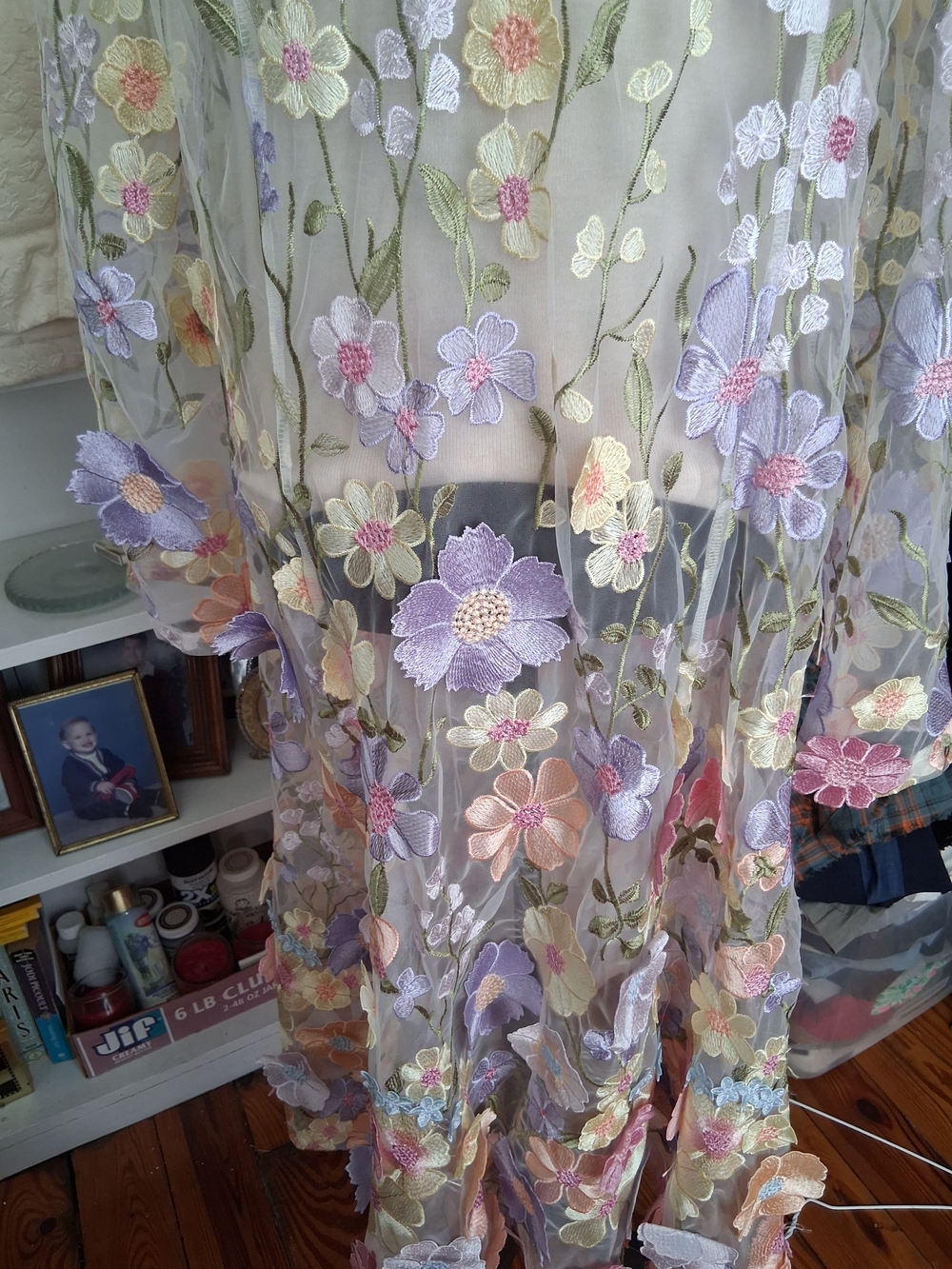 Floral Embroidered Sheer Girls' Dress - Pastel Multi